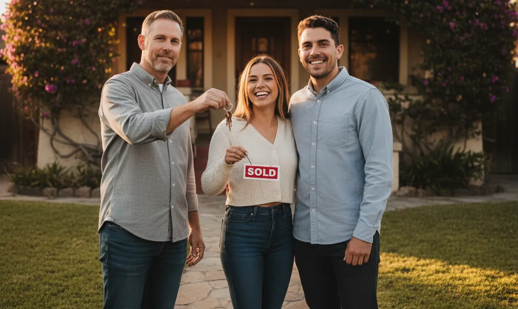 Veteran homeowner handing keys to new tenants.