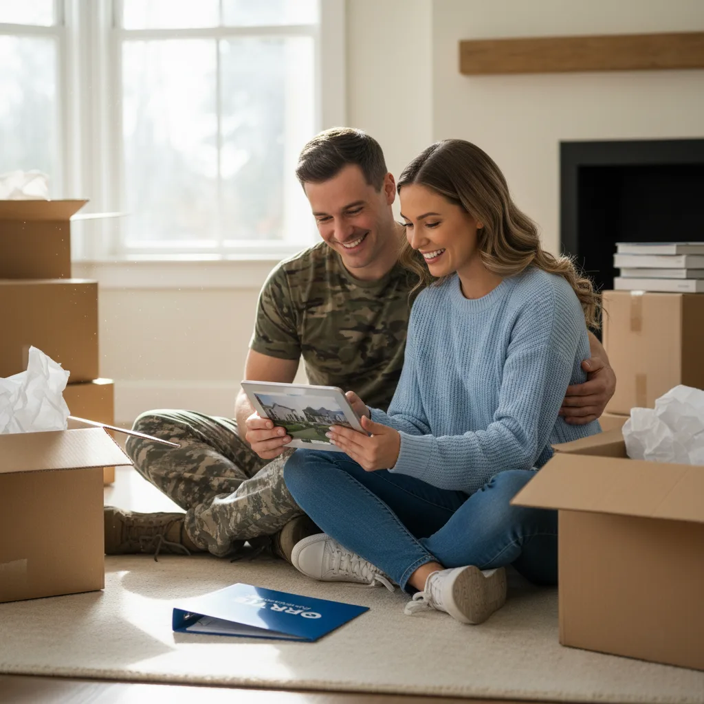 A happy family standing in front of their new home purchased with a VA loan.