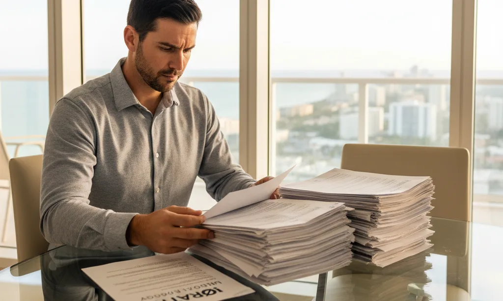 Investor reviews iQRATE Mortgages documents in Miami condo.