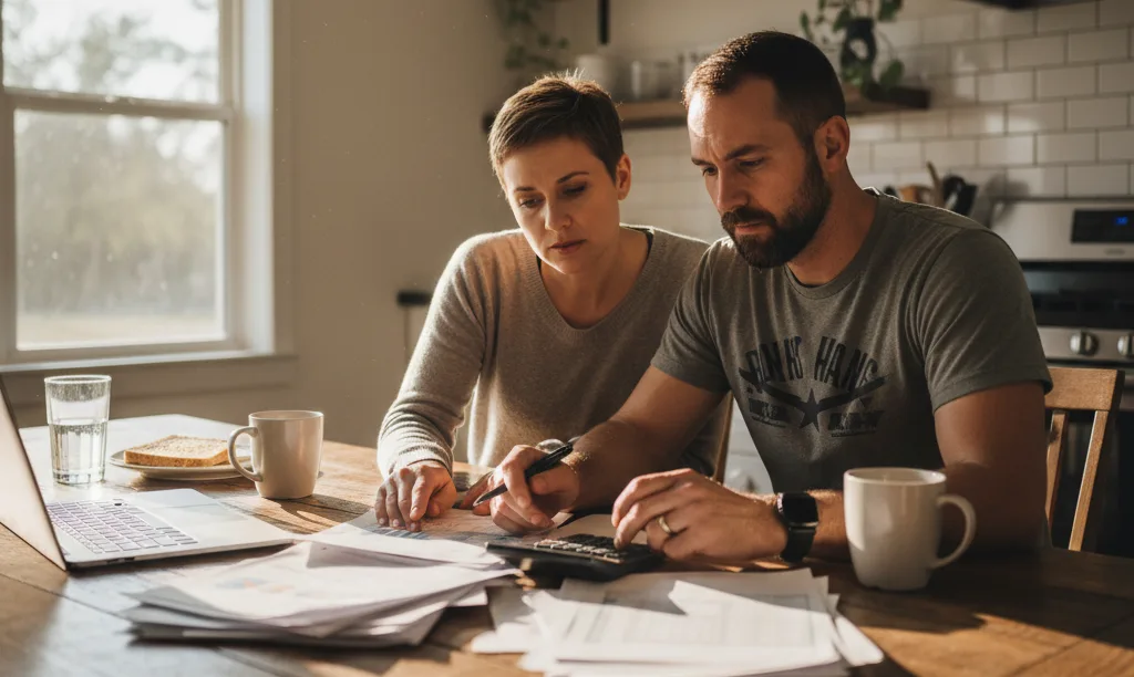 Veteran couple seriously reviewing mortgage documents at home.