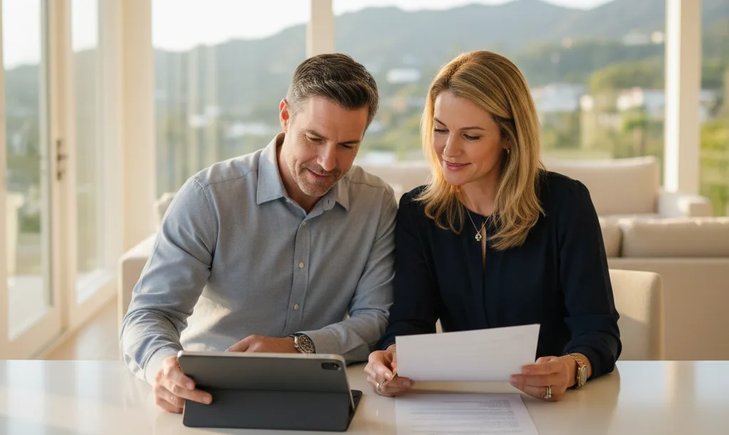Couple reviewing jumbo loan documents in luxury home.