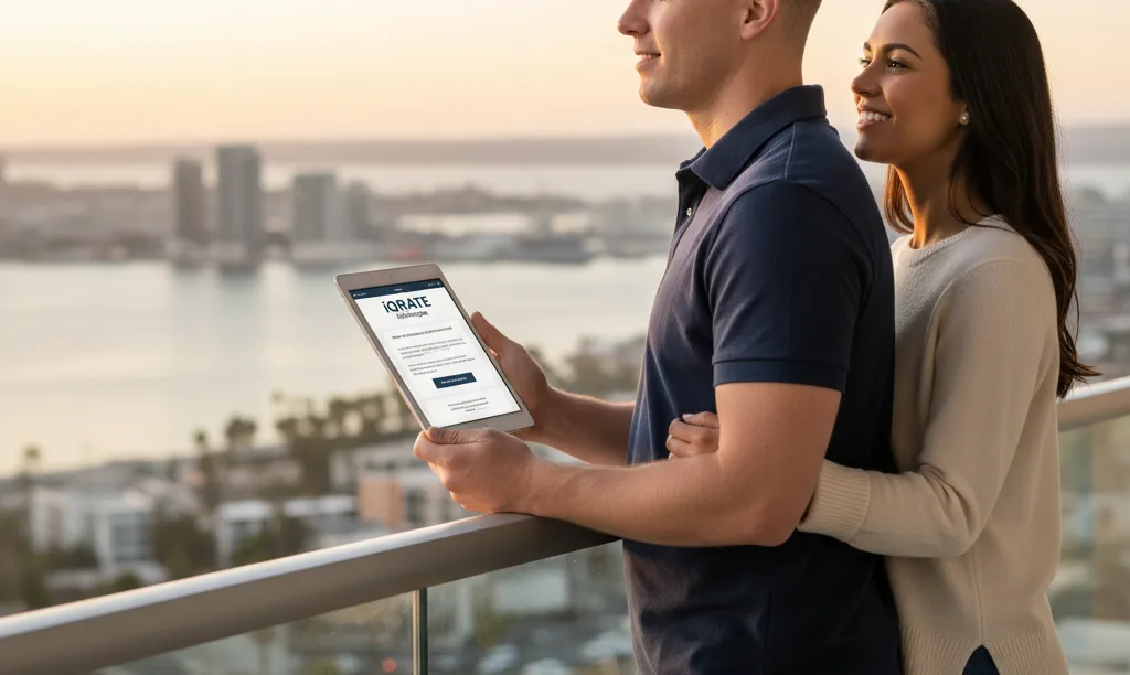Military couple on a balcony overlooking San Diego.