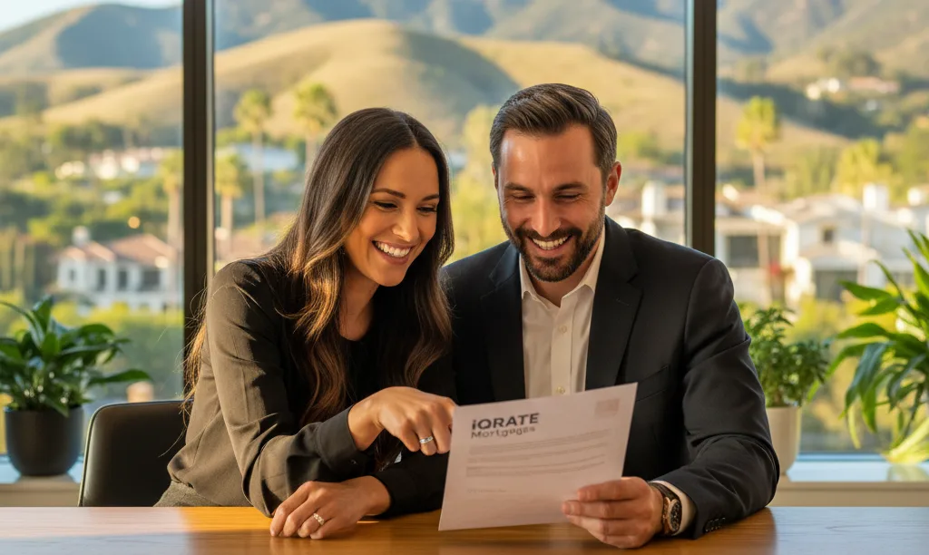 Couple successfully reviewing jumbo loan approval from iQRATE Mortgages.