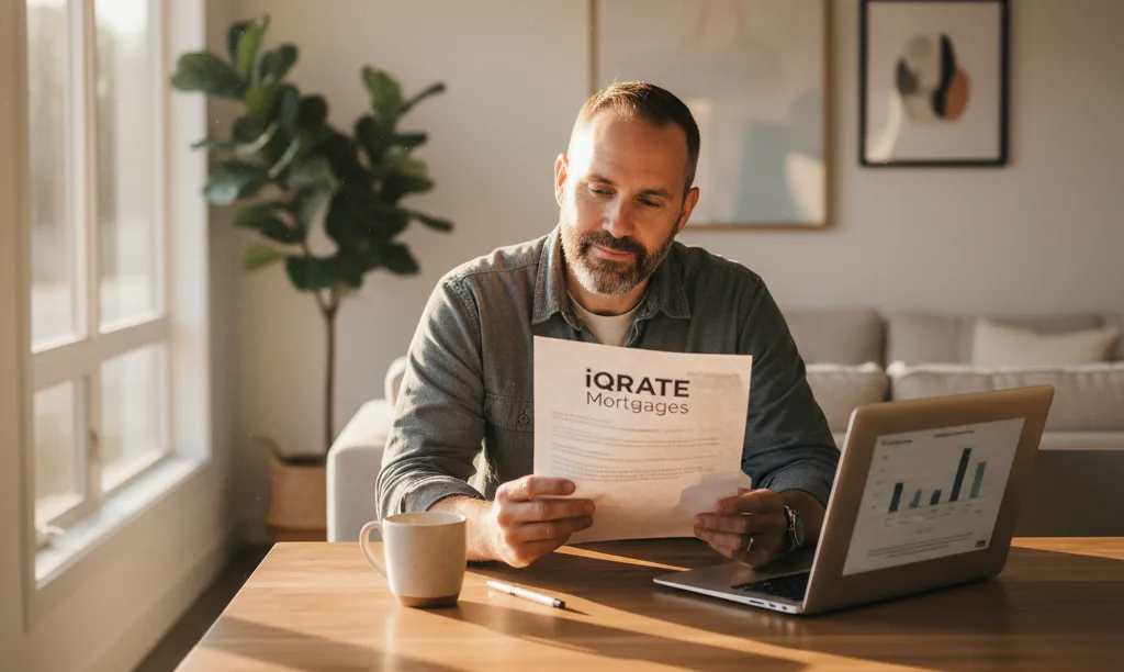 Veteran reviewing iQRATE Mortgages loan documents at home.