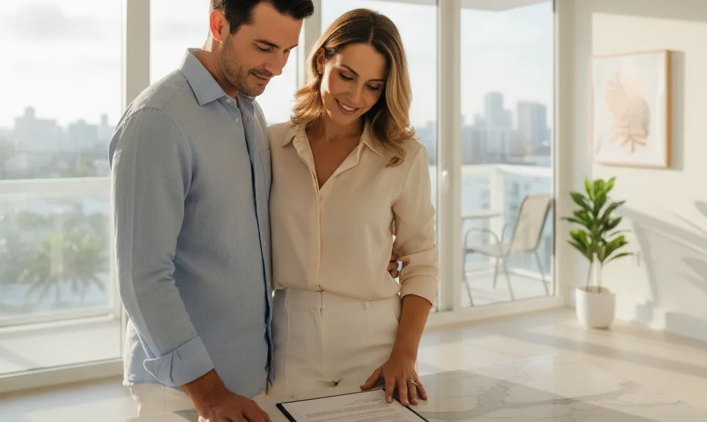 Couple reviewing iQRATE Mortgages document in Florida.