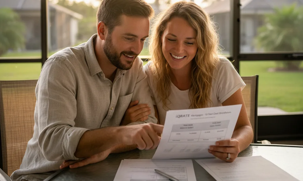 Tampa couple reviewing iQRATE Mortgages loan comparison.