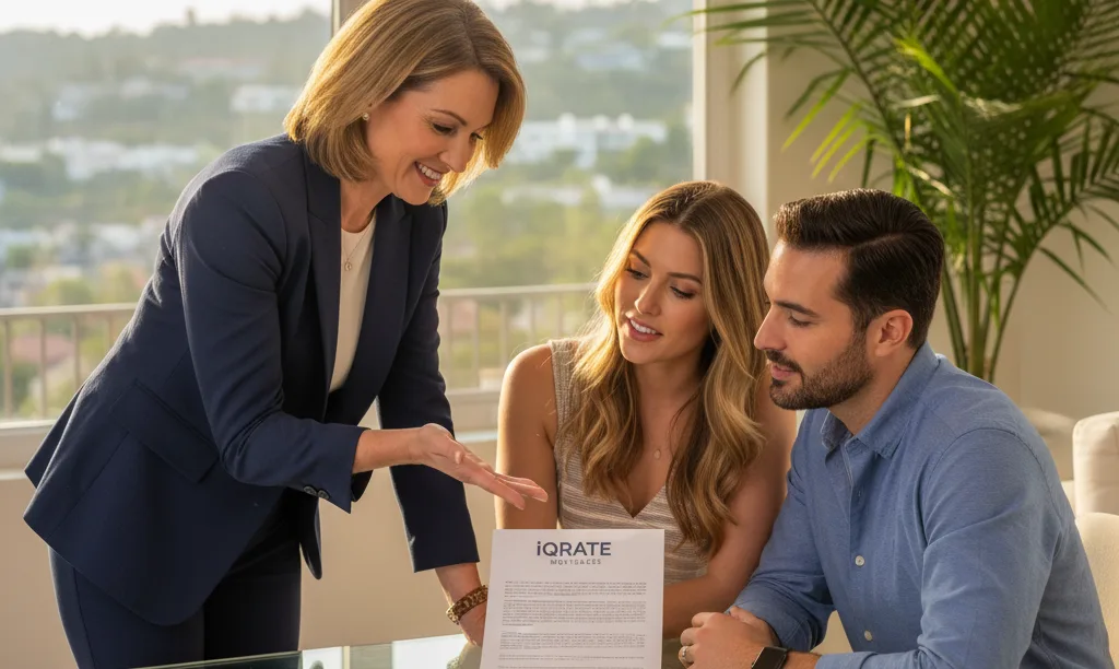 Mortgage expert reassuring a couple in Los Angeles.