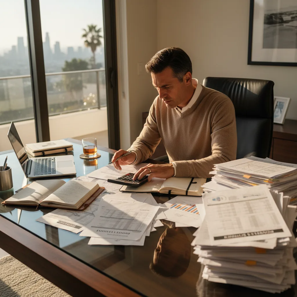 Business owner organizing financial documents for a mortgage application.