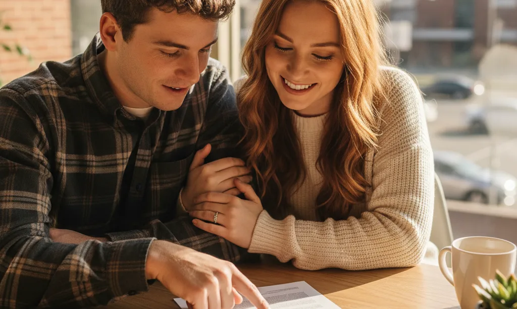 Hopeful couple reviewing iQRATE Mortgages loan documents.