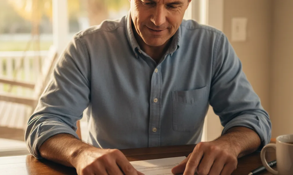 Florida veteran confidently reviewing an iQRATE Mortgages document.