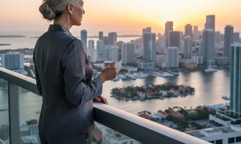 Investor views Miami property portfolio from balcony.