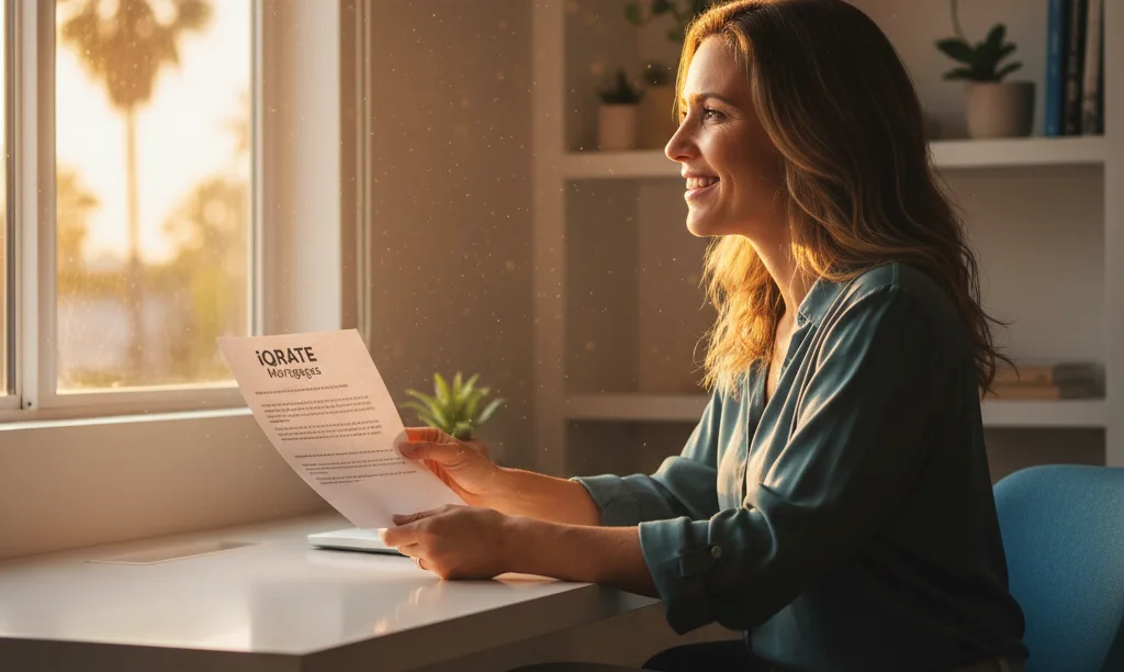 Self-employed person confidently reviews iQRATE Mortgages document.