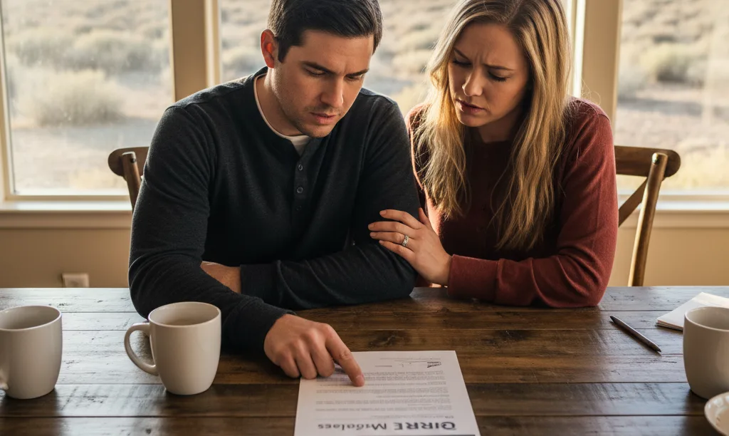 Couple collaboratively reviewing iQRATE Mortgages appraisal documents.