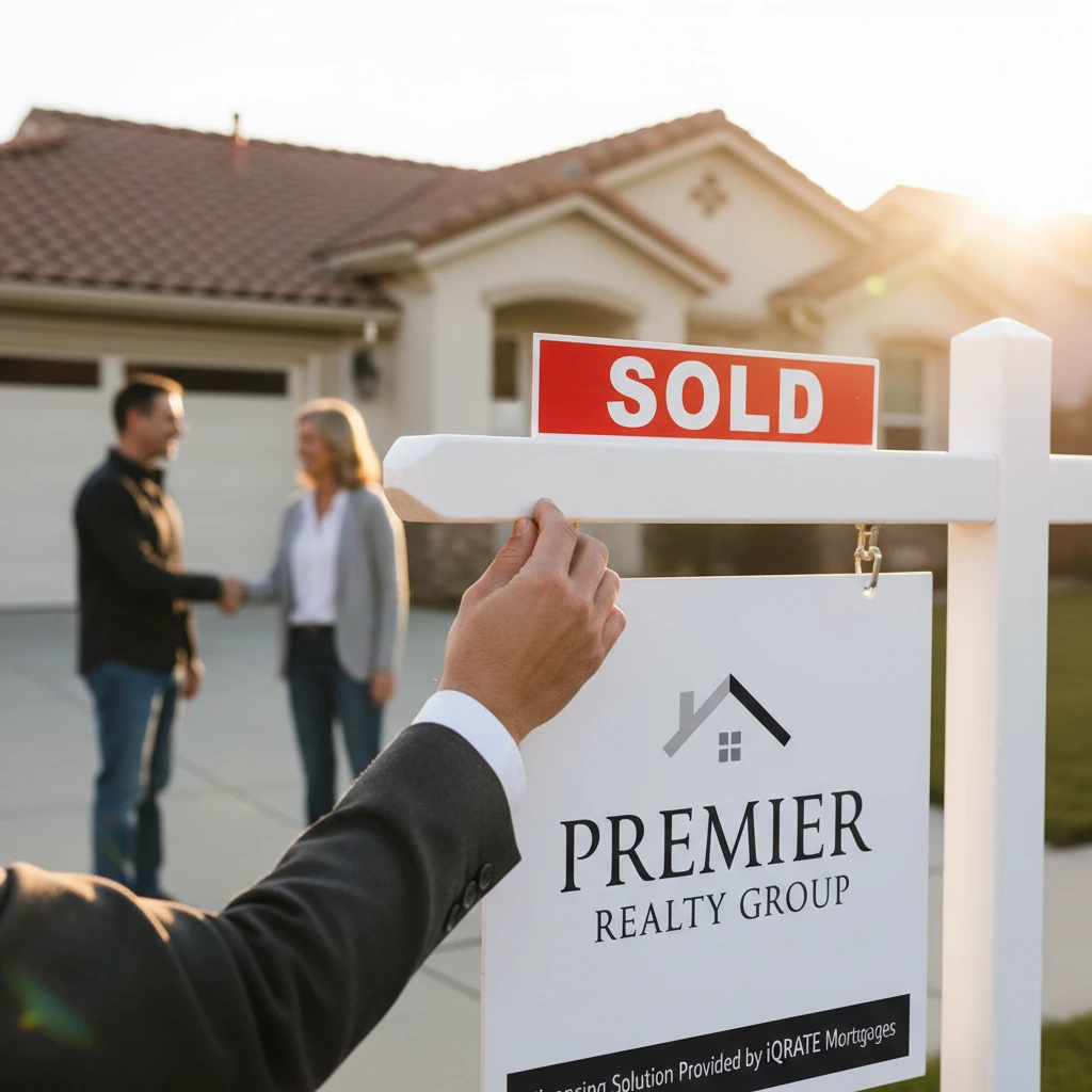 A modern house with a for sale sign, indicating a financing solution is available.