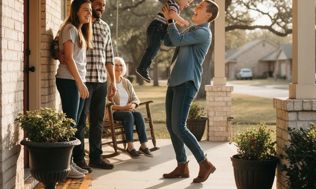 Veteran family laughing on their Texas home porch.