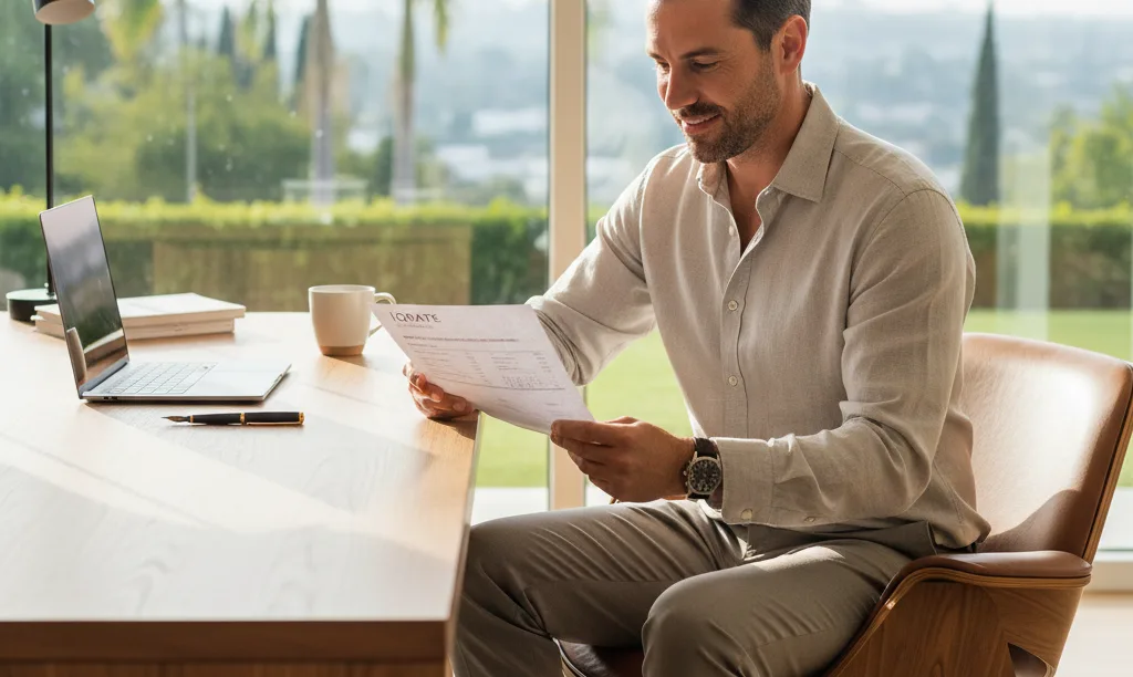 Self-employed man reviewing iQRATE Mortgages P&L document.