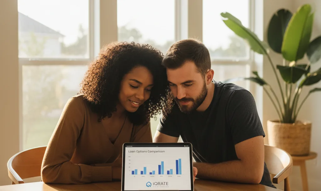 A young couple reviewing mortgage options in Florida.