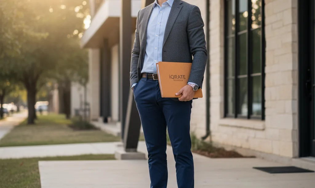 Investor with iQRATE Mortgages folder at property.