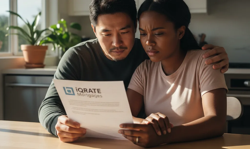 A couple reviewing an iQRATE Mortgages document together.