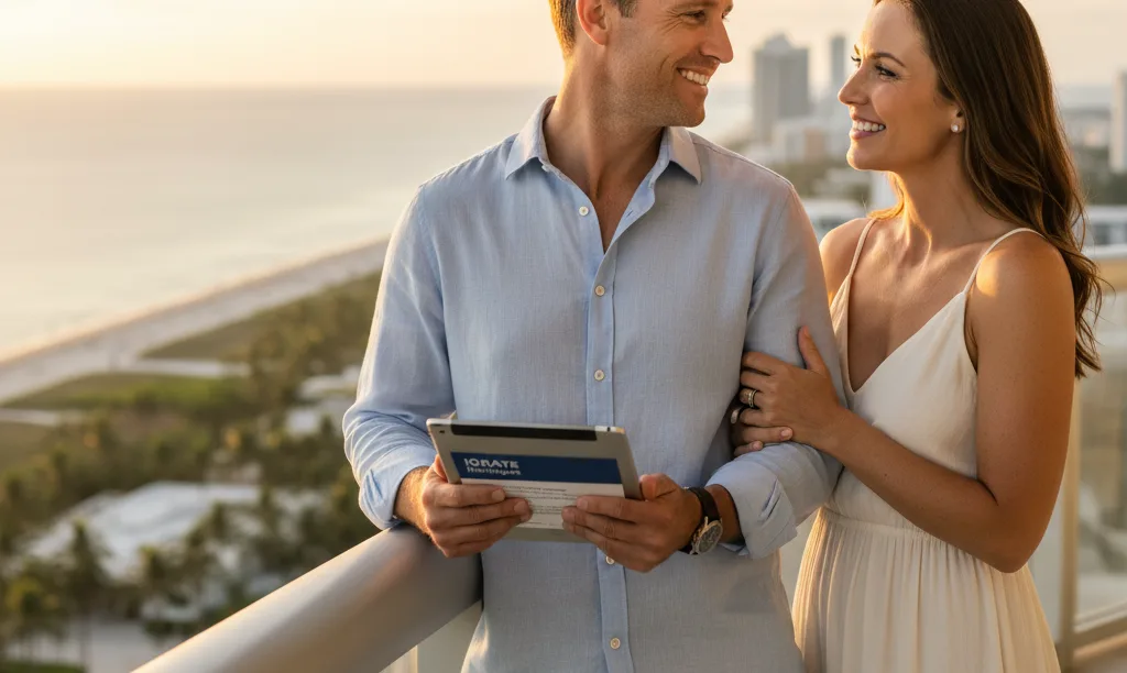 Couple on Miami balcony planning jumbo loan.