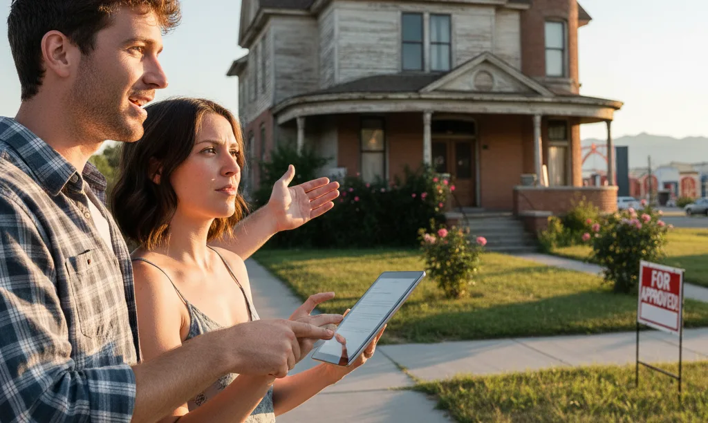 Couple thoughtfully discussing an older Reno home.