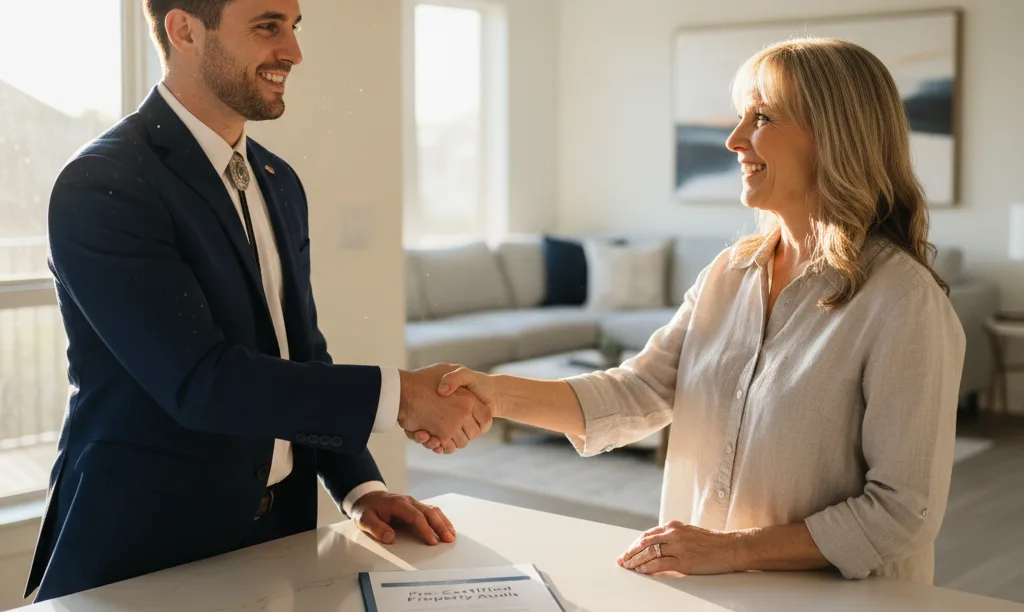 Realtor and homeowner shaking hands over property audit.