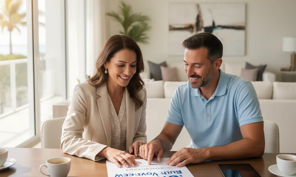 Real estate agent discusses equity review with client.
