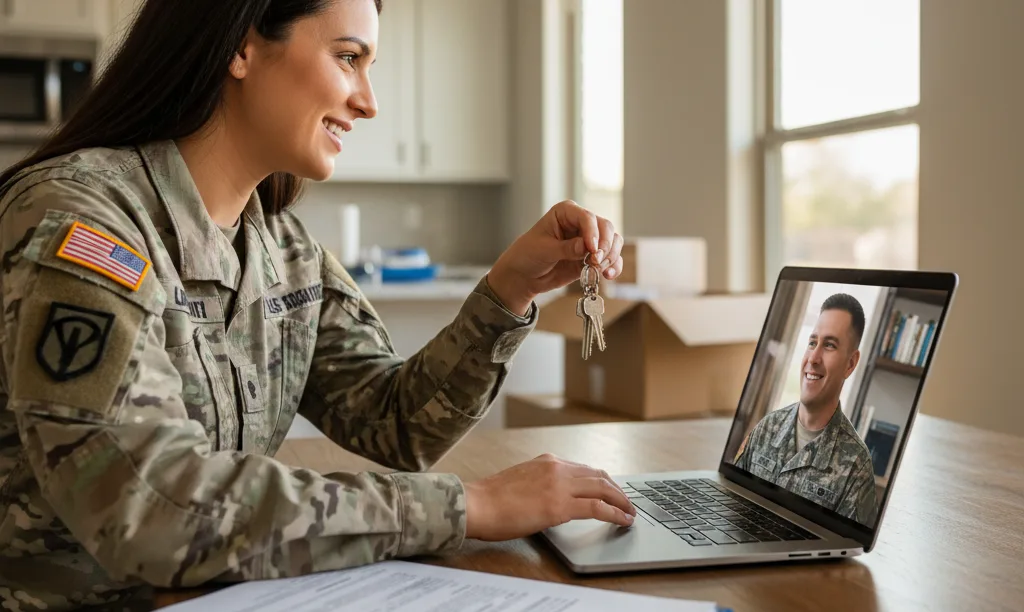 Military spouse celebrating new home via video call.