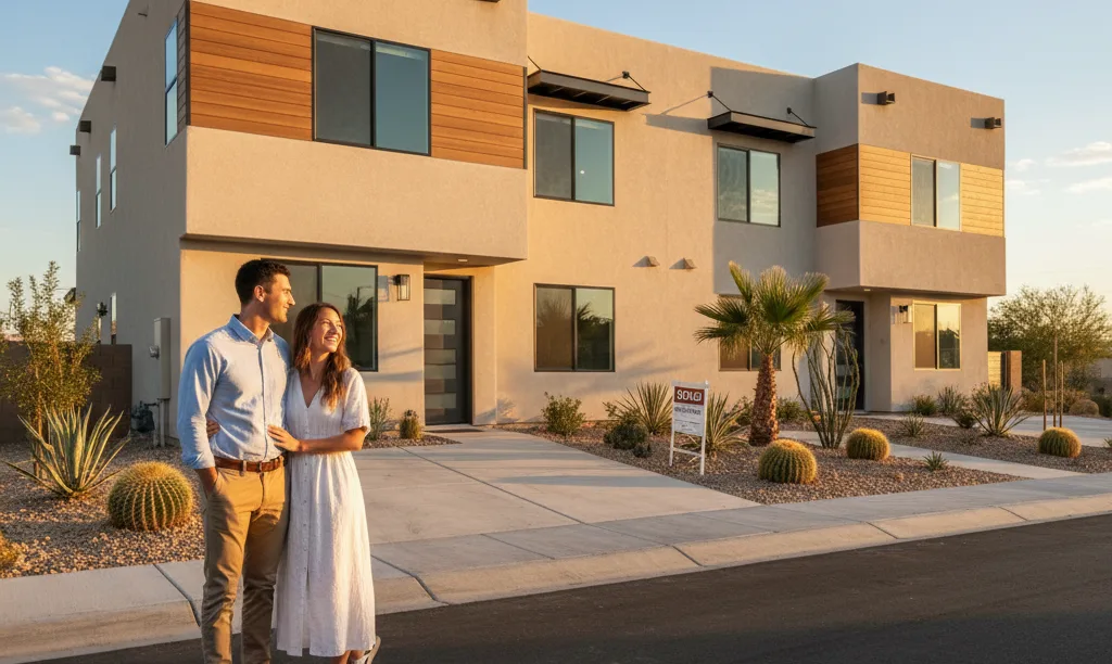 Couple proudly viewing their new Nevada multi-family home.