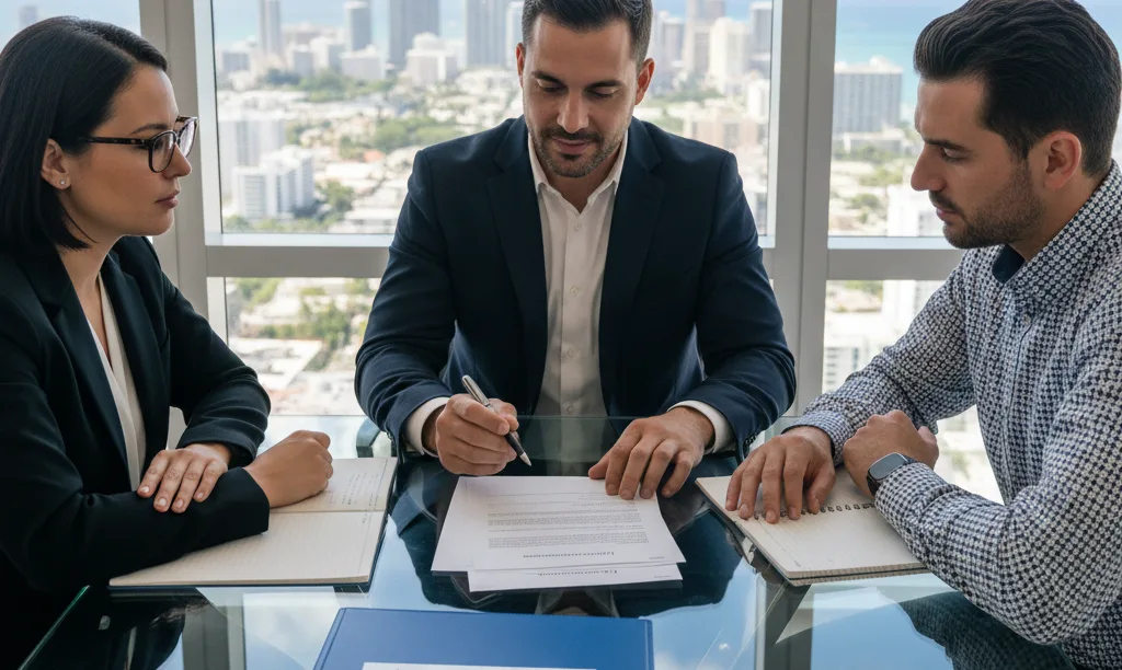 Business partners reviewing an LLC agreement with iQRATE Mortgages.