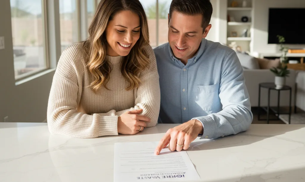 Couple confidently reviewing their iQRATE Mortgages escrow statement.