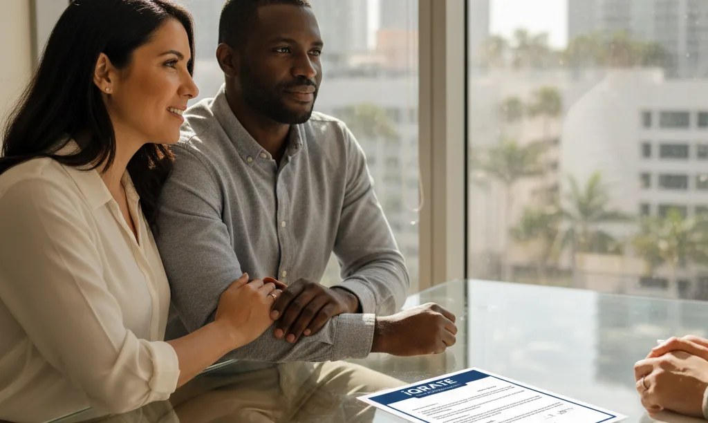 Couple discussing Florida property purchase with iQRATE Mortgages.