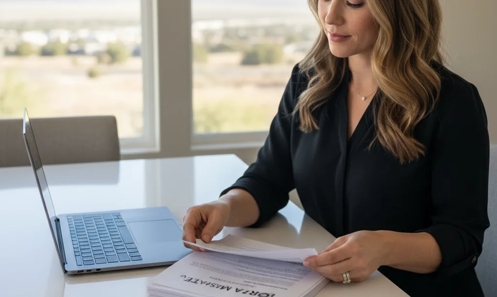 Person organizing iQRATE Mortgages documents in Reno home.
