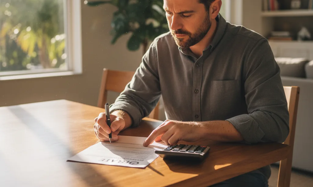 Florida veteran carefully reviewing iQRATE Mortgages refinance documents.