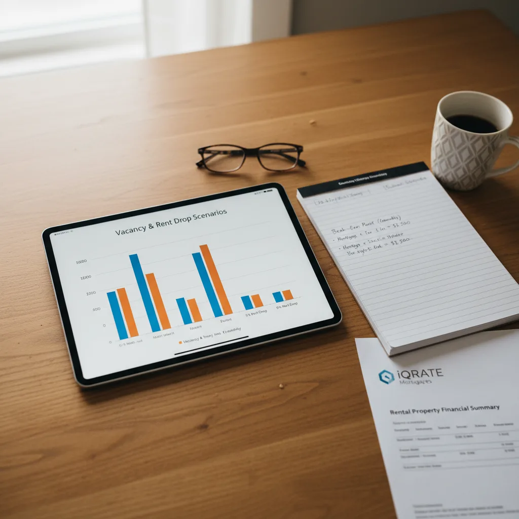 A calculator and house model illustrating DSCR loan stress testing.