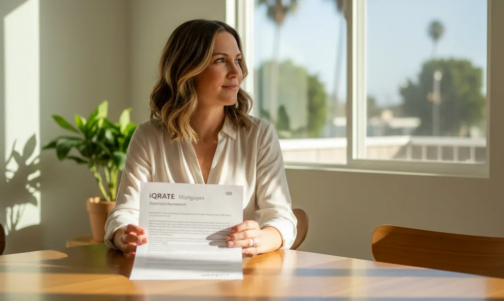 Woman reviewing mortgage separation agreement in California home.