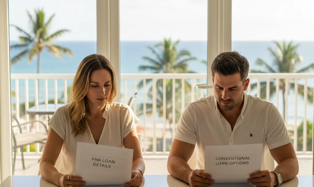 Couple comparing FHA and conventional loans in Miami.