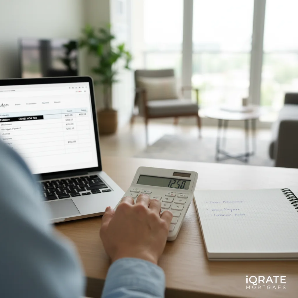 Person reviewing financial documents and using a calculator for mortgage planning