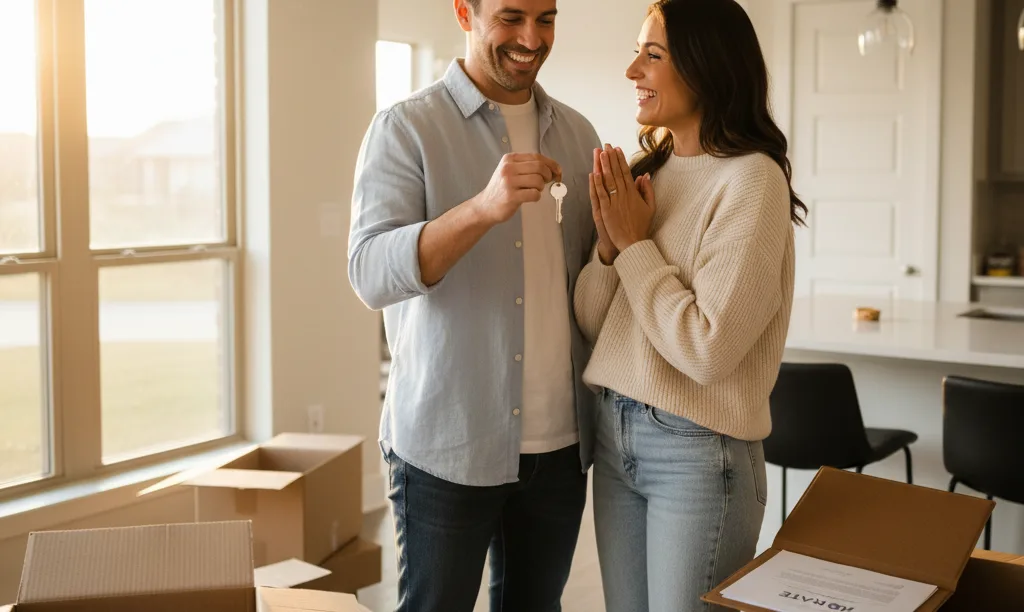 A happy couple moving into their new home.