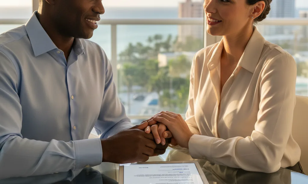 Couple reviewing iQRATE Mortgages document in Miami.