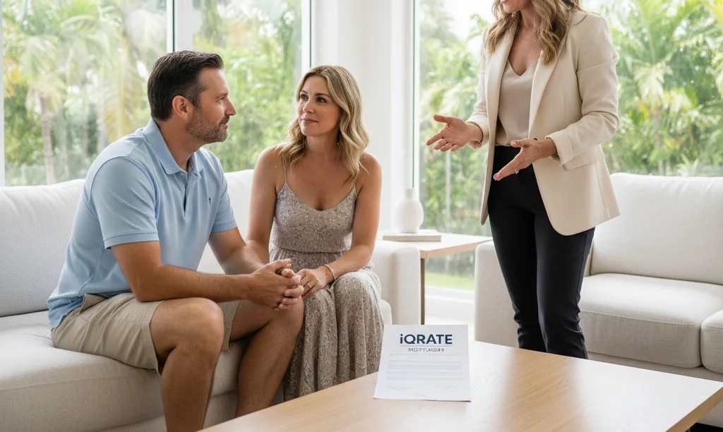 Agent showing a confident couple their mortgage power.