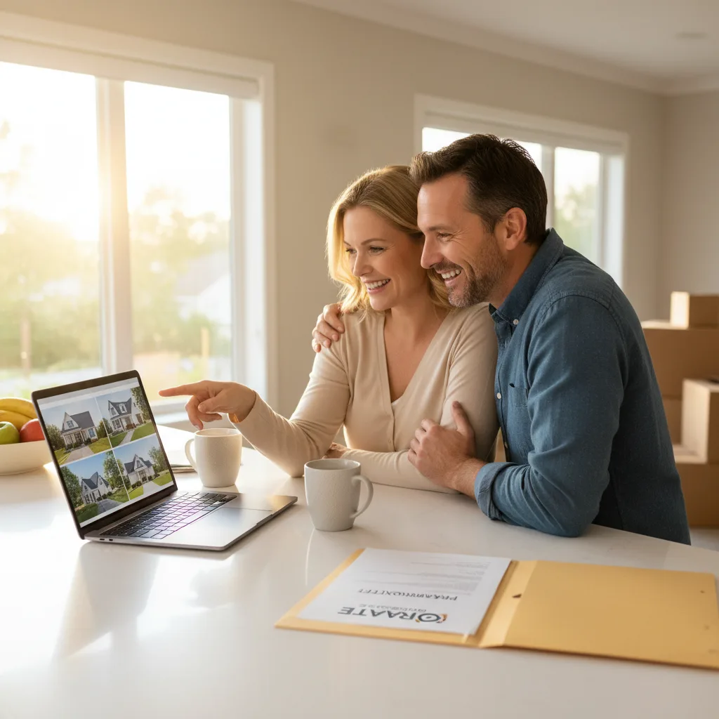 Happy homeowners with a 'Sold' sign in front of their new house.