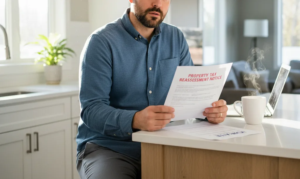 Homeowner looks surprised by Houston property tax notice.