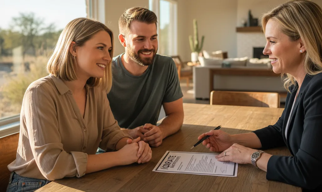 Couple reviewing assumable mortgage documents with advisor.