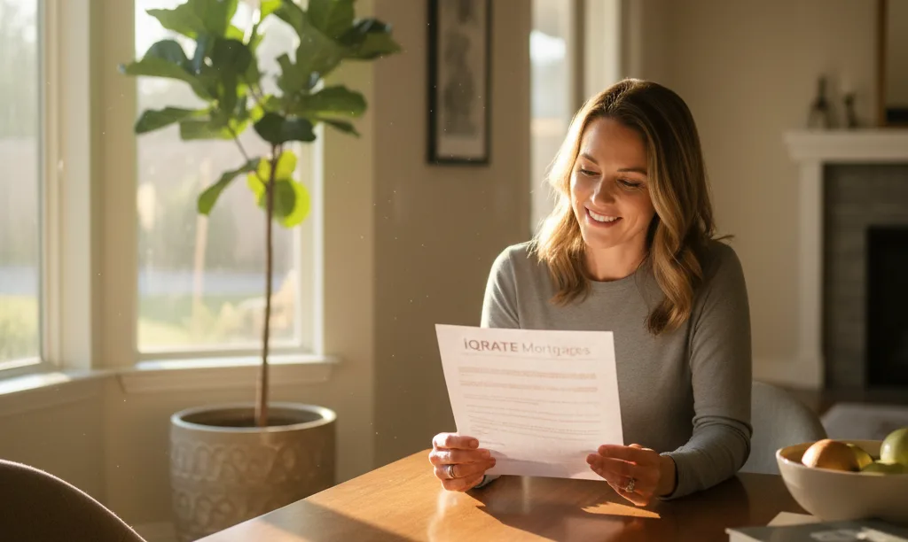Woman reviews iQRATE Mortgages document in sunlit home.