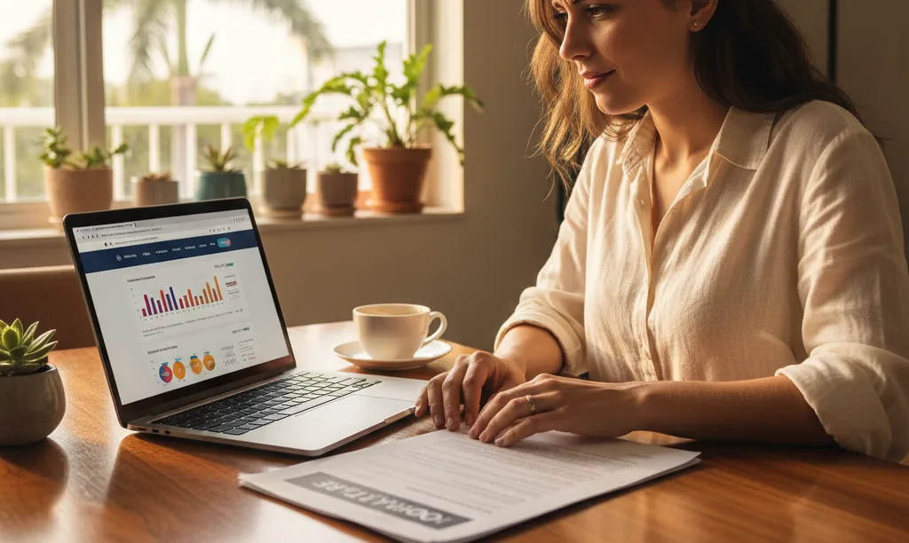 Woman in Miami apartment reviewing mortgage documents.