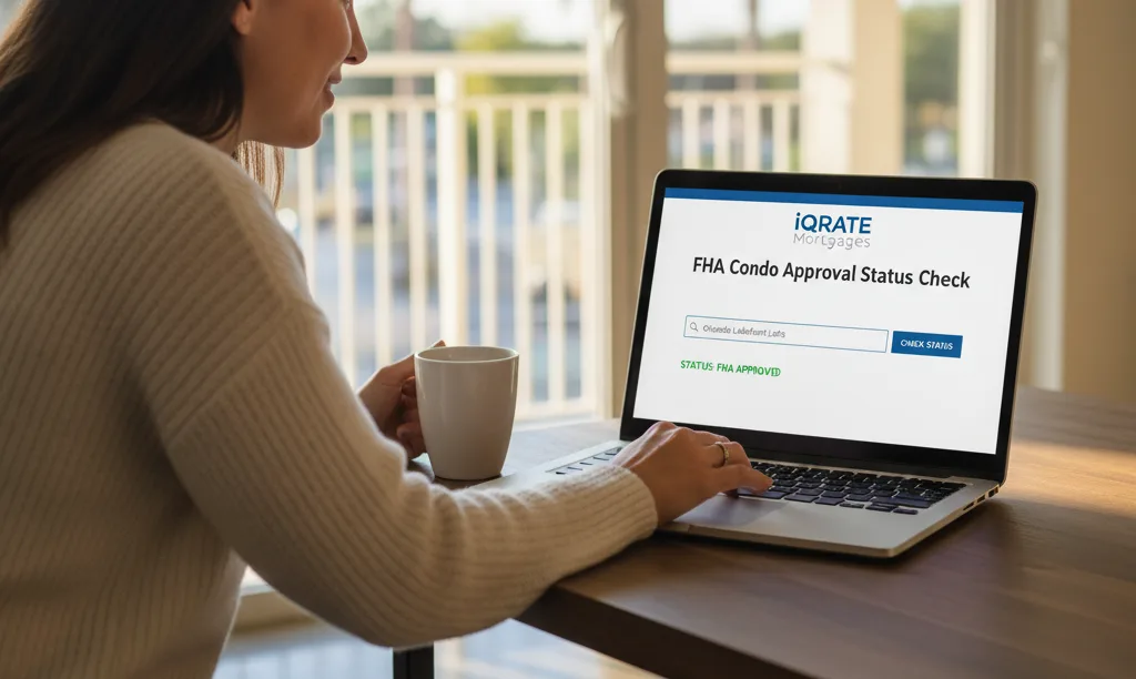 Homebuyer checks FHA condo approval on laptop.