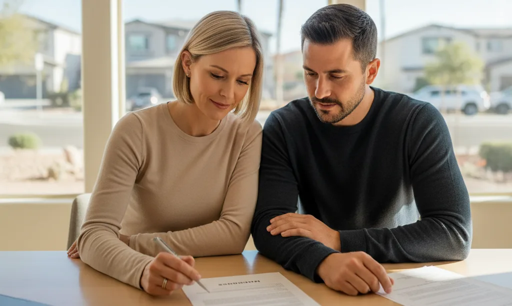 Couple discussing mortgage strategies in Las Vegas home.