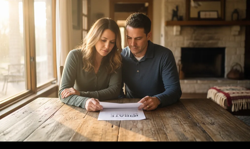 Couple reviewing iQRATE Mortgages document in Texas home.