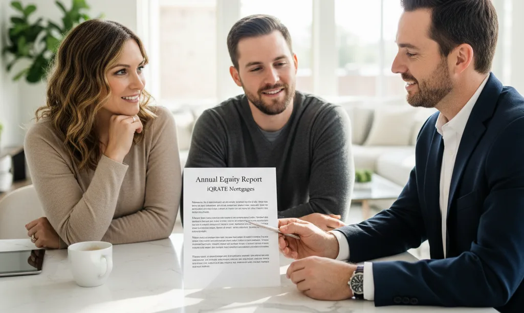Homeowners and agent discussing an iQRATE equity report.